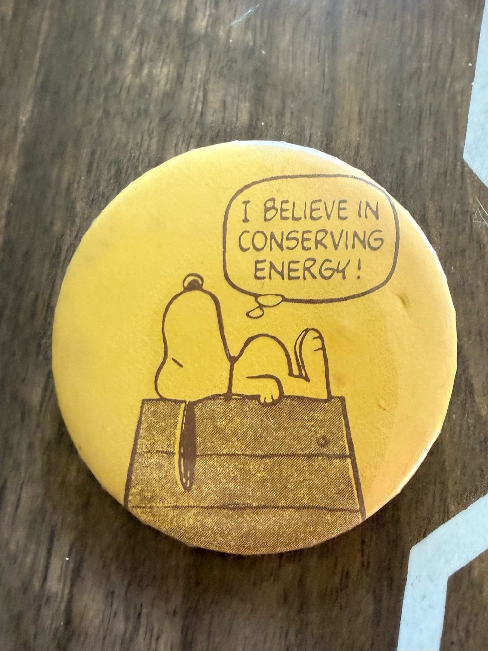 Vintage Snoopy 'I Believe in Conserving Energy' Yellow Button Pin